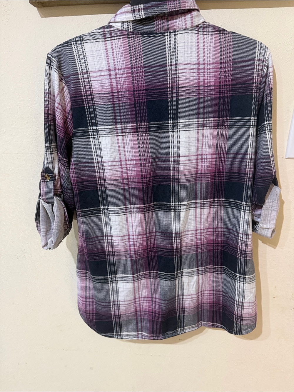 Eden & Olivia Pink, Charcoal & White Plaid Roll-Tab Flannel Shirt - Picture 7 of 8